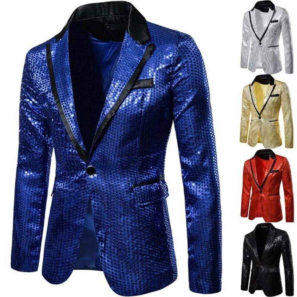 

Men Shining Sequins Tuxedo Suit Party Coat One-Button Wedding Jacket Blazer Top