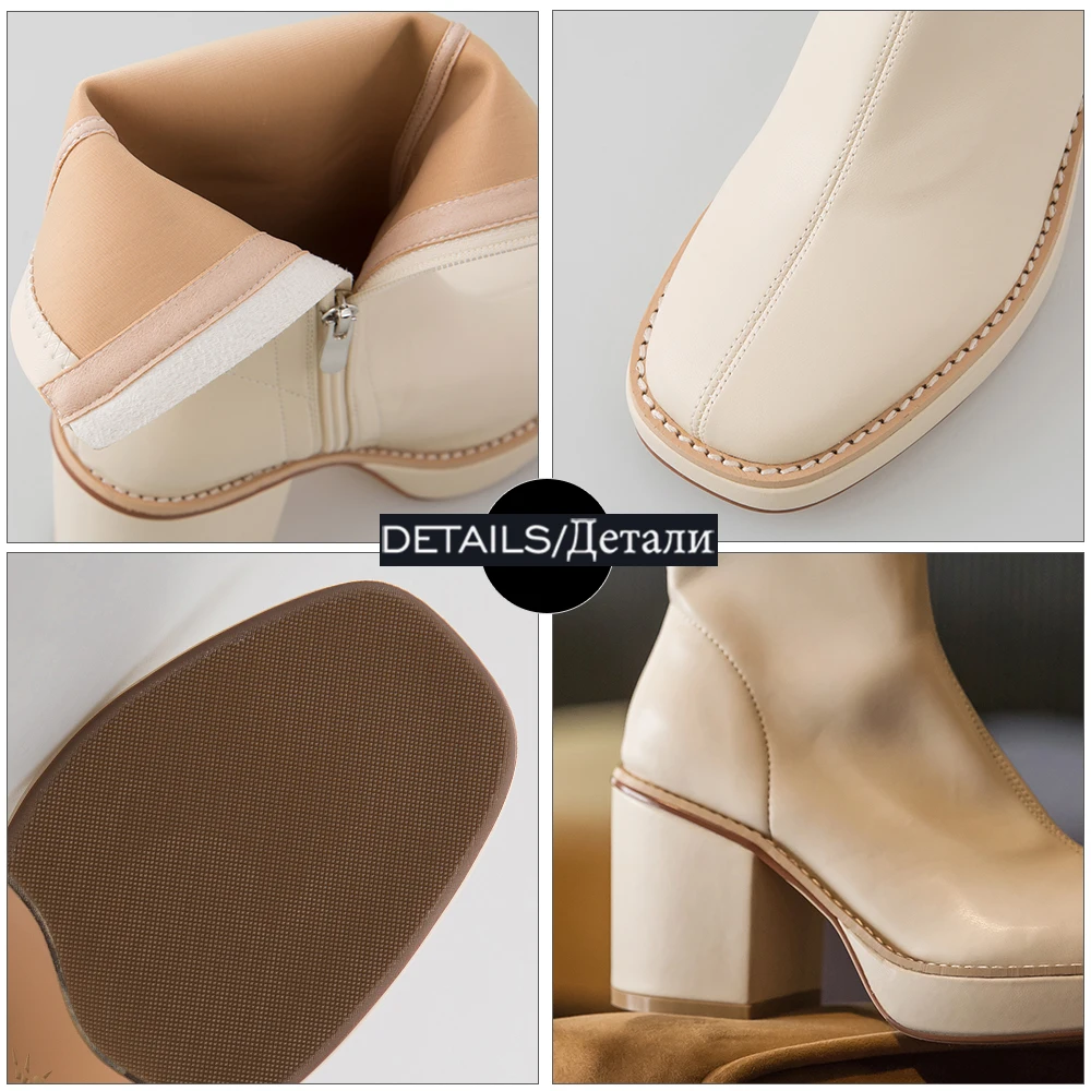 

ISNOM Stretch Ankle Boots Woman Big Square High Heels Short Booties Ladies Platform Shoes Square Toe Zip Slim Ankle Shoes Big