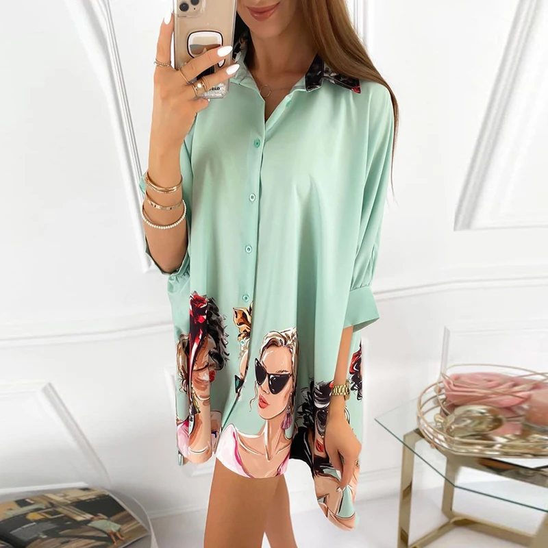 

Elegant New Pattern Print Lady Mini Dress Women Turn-down Collar Shirt Office Dress Autumn Button Long Sleeve A-Line Party Dress