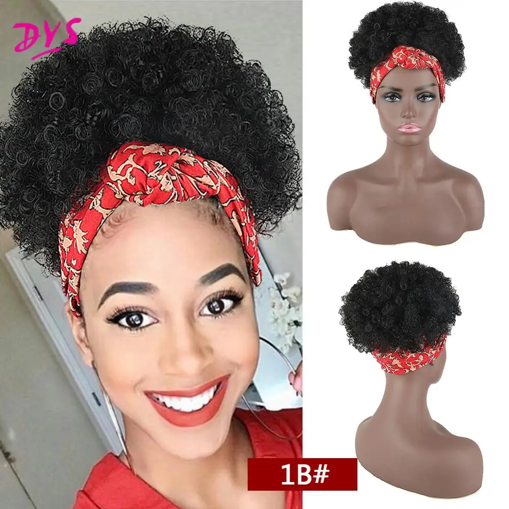 

High Puff Turban Ponytail Short Afro Kinky Curly Ponytail Headwrap Drawstring Wrap-Ponytail 2 in 1 Updo Head-Wrap Wig Turban