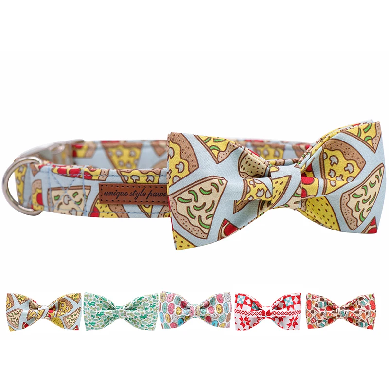 PIZZA Cotton Fabric Dog Collar and Leash Set with Bow Tie for Big and Small Dog Metal Buckle Pet Accessories