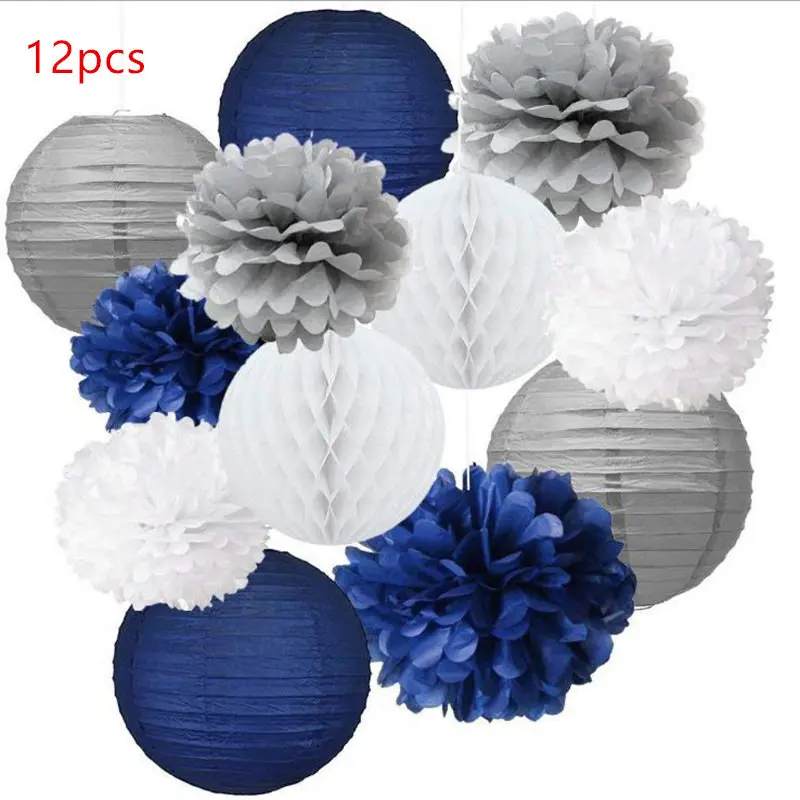 

12PCS Mixed Navy Blue Grey White Party Tissue Pompoms Flower Hanging Paper Lantern Honeycomb Balls Nautical Themed Party Decor