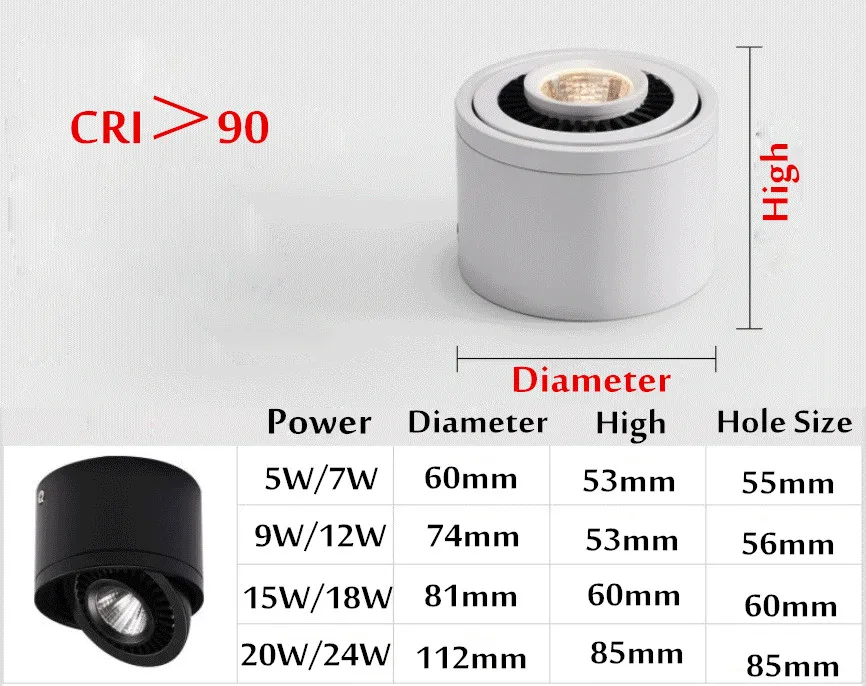 Lámpara LED montada en superficie regulable, foco LED COB, 5W/7W/9W/12W, foco de techo AC85V-265V con controlador LED, color blanco/blanco cálido