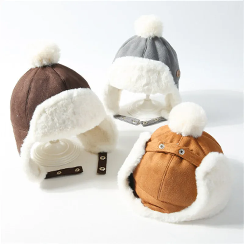 2019 зимняя плюшевая однотонная теплая детская шапка бомбер с помпоном для ушей