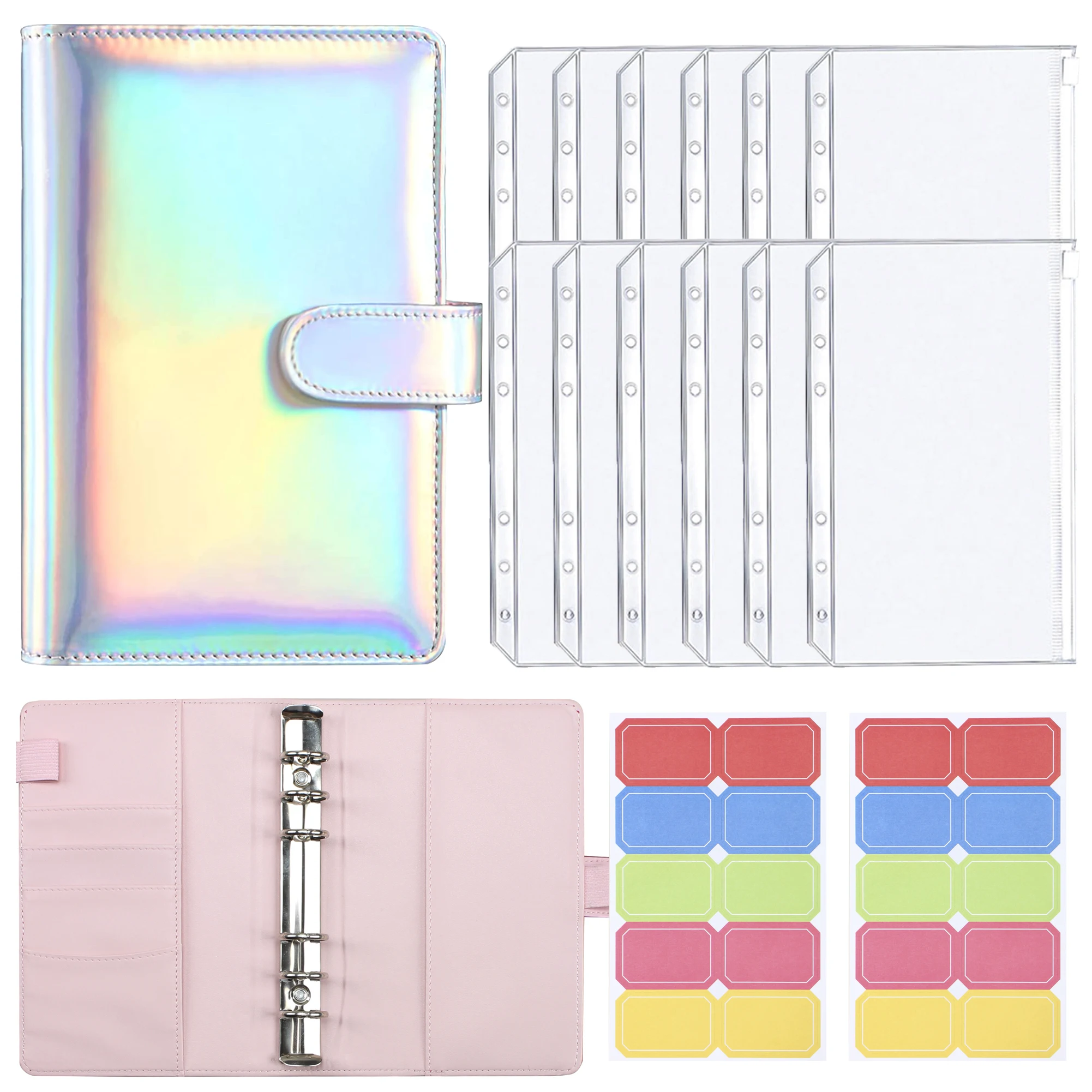 A6 Laser Binder Budget Planner Refillable Notebook Covers 6 Holes Binder Pockets PVC Zipper Money Saving Envelope Budget Binder
