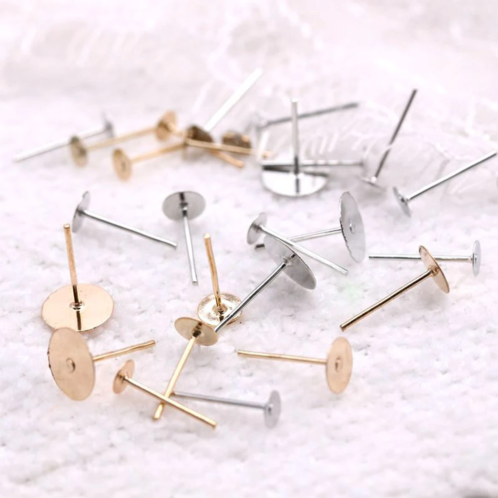 

100Pcs/lot 4 5 6 8 10mm Metal Gold Plated Flat Post Back Earring Base Cabochon Cameo Settings For DIY Jewelry Making Supplies