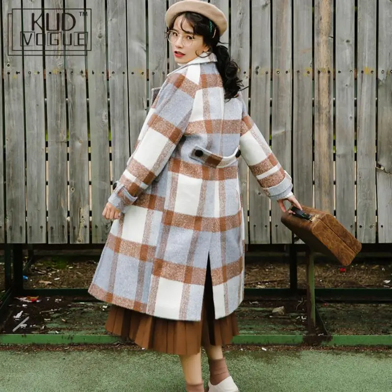 Женский кашемировый Тренч Повседневная Длинная клетчатая куртка с отложным