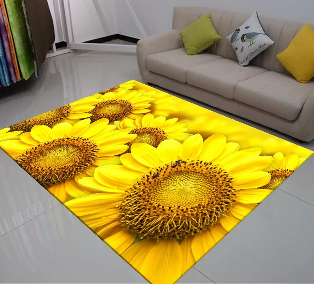 

Sunflower Rug 3D Print Large Floor Mat Yellow Black Background Tapis Crawl Carpets For Living Room Floor For Bedroom Kids Room