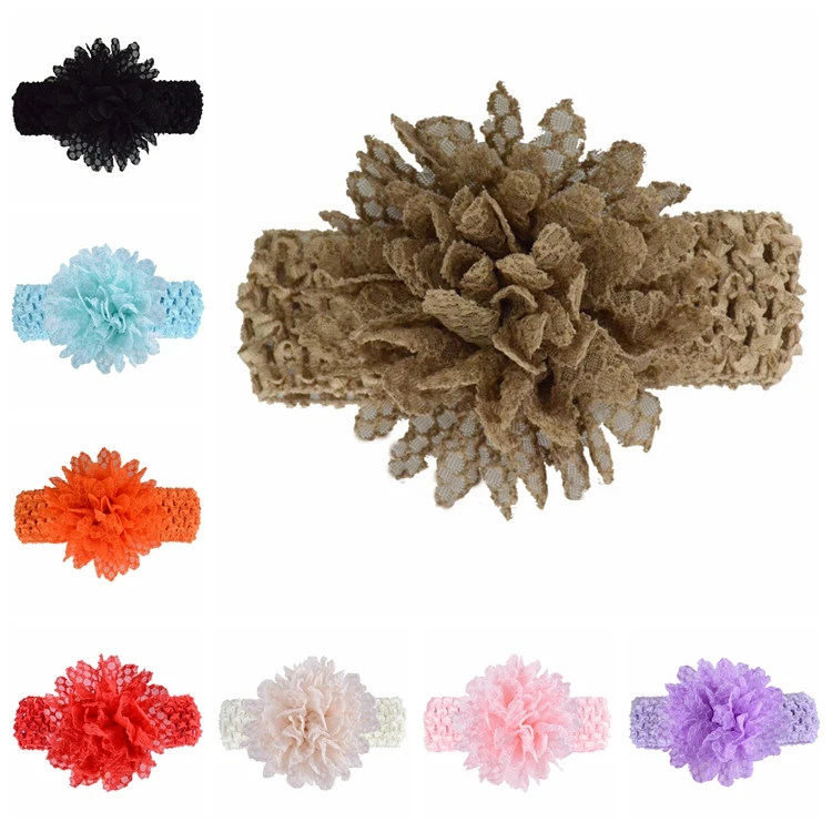 

9 CM Solid Color Chiffon Flower Elastic Headband Knitted Newborn Hairband One Hundred Days Baby Photography Headwear Kids Gifts