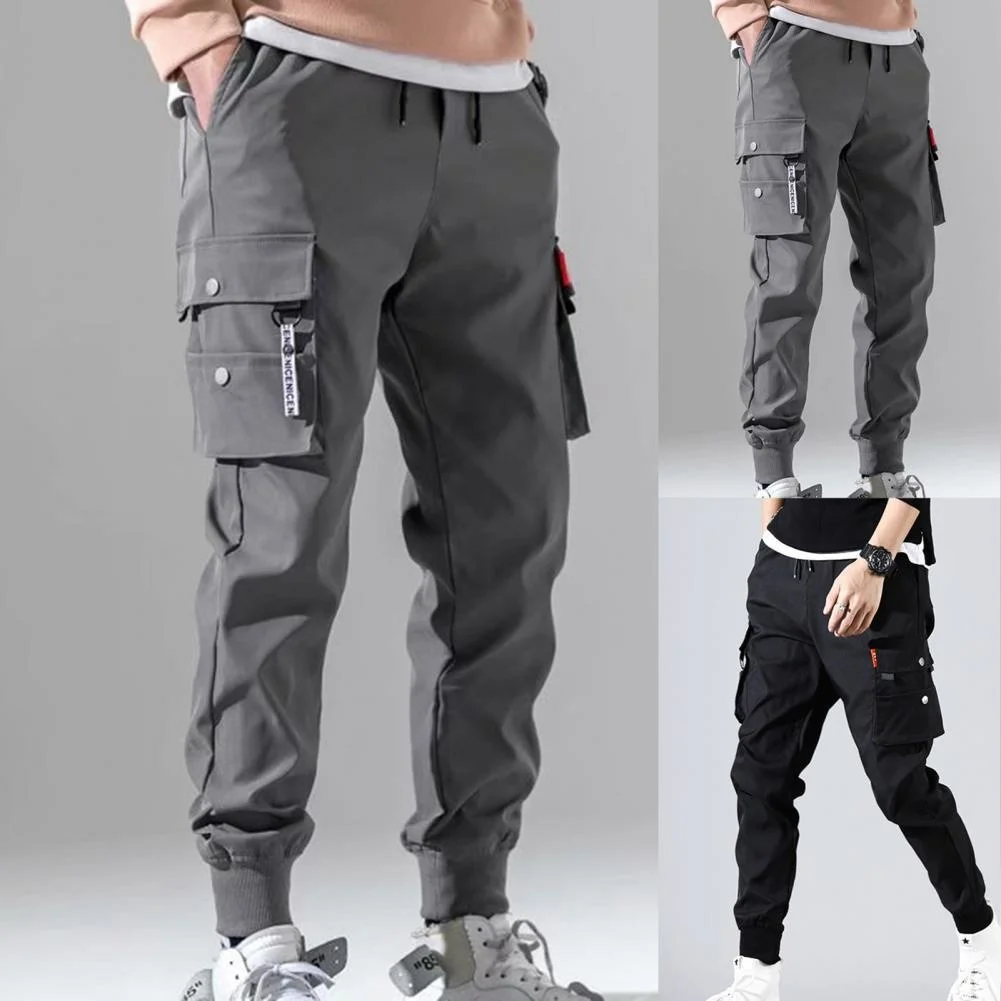 

2021New Male Pants Mens Solid Multi-Pocket Cargo Pants Skinny Fit Autumn Men's Pants Hip Hop Harem Joggers Pants