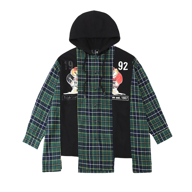 

CHICEVER Green Plaid Patchwork Shirts For Women Hooded Long Sleeve Hit Color Asymmetrical Designer Loose Zip Up Female 2021 Tide