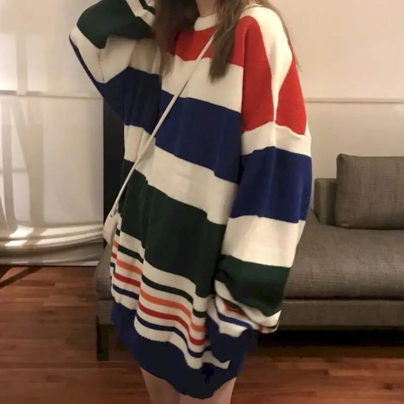 

Свитер женский осенне-зимний в полоску, милый свободный Универсальный свитер в Корейском стиле с круглым вырезом для девушек и студентов