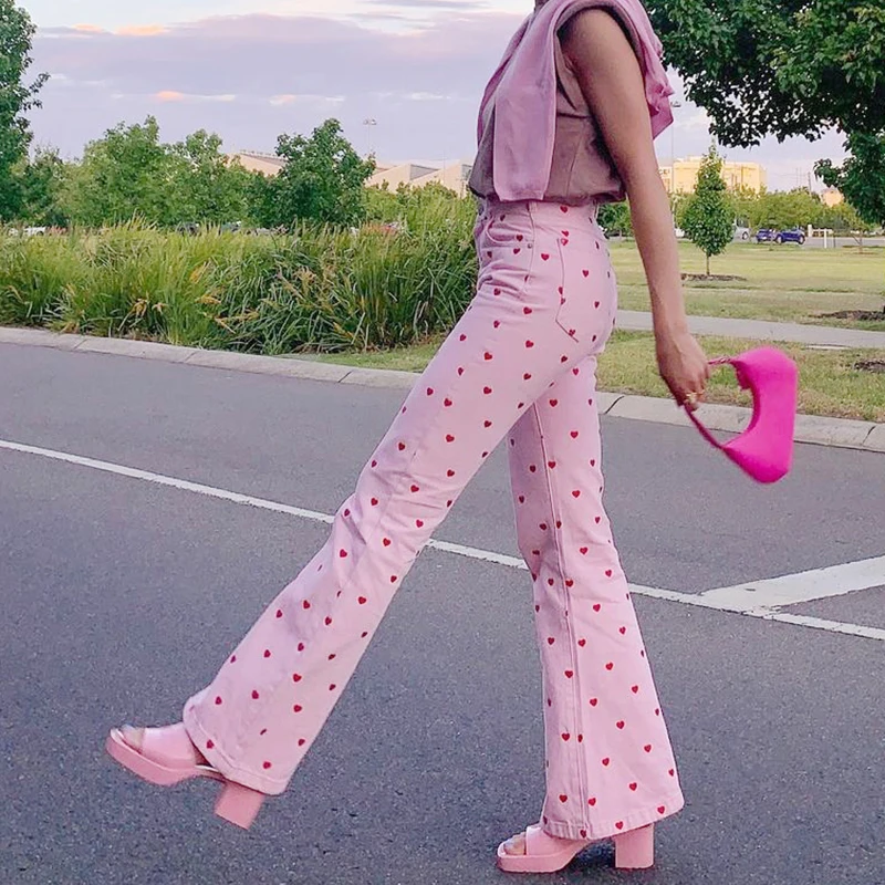 

Y2K Pink Pants Print Heart Cute Pants Vintage Aesthetic Pants Party Pockets Runners Festival Outfits Women New Pantalones Mujer