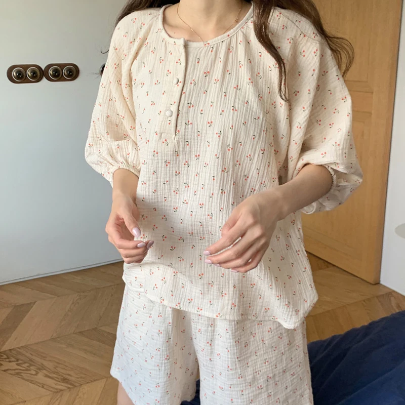 

Comfortable Sleepwear All Match Loose 2021 Sweet Homewear Summer Geometric Cherry Printing Chic Women Pajamas Sets