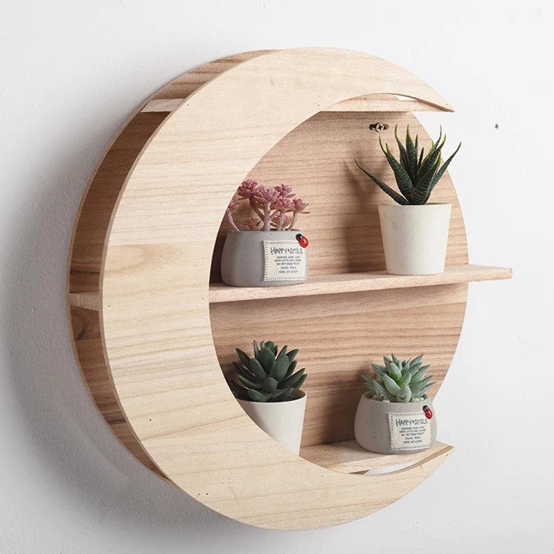 Nordic Round Wooden Wall-Mounted Moon Shaped Frame Simple Art Hanging Flower Pot Storage Shelf Home Supplies