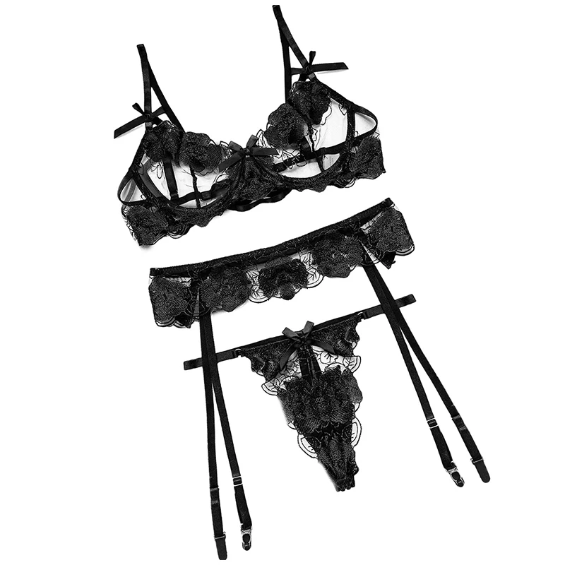

Ellolace Fancy Women's Underwear Sexy Sensual Lingerie Floral Underwire Bra Graters and Thongs Erotic Transparent Brief Sets