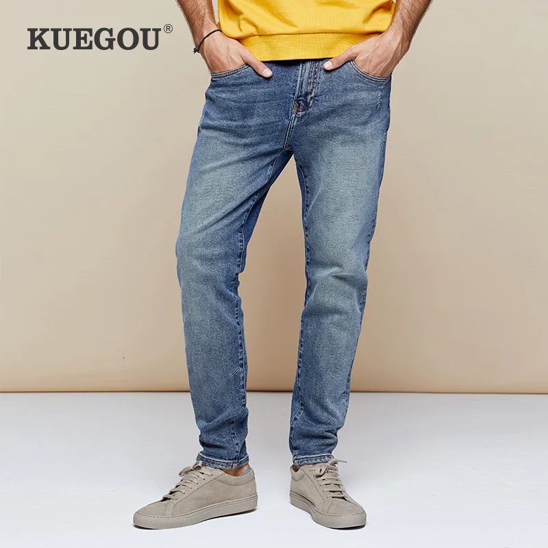 KUEGOU 2019 осенние хлопковые синие потертые обтягивающие джинсы для мужчин уличная