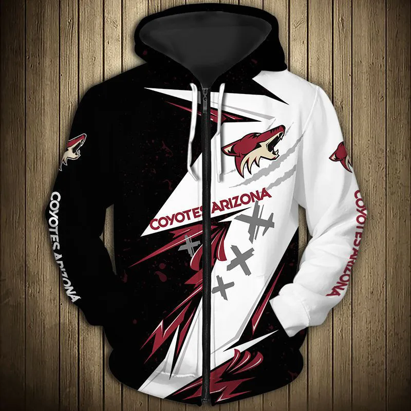 

Arizona men's casual 3D zipper hoodie Black and white graffiti flowers red fox print Coyotes sweatshirt