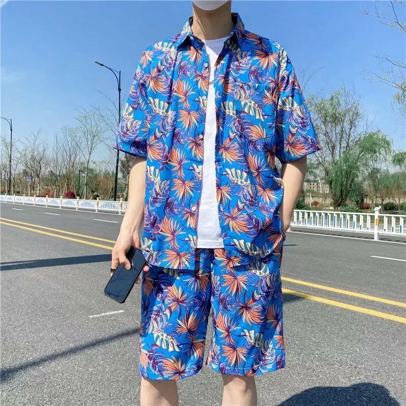 

Hawaii Beach Resort Outfits Men's Loose Thin Couple Fashion Short Sleeve Flower Shirt Leisure Two-Piece Set