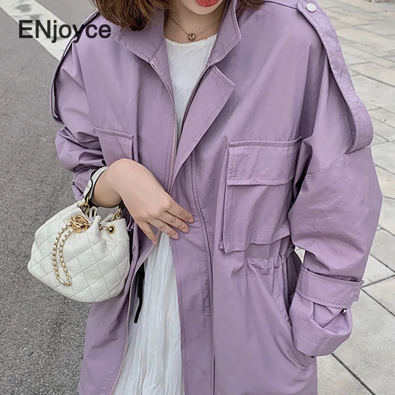 

ENjoyce 2020 New Plus Size Women's Spring Autumn Long Trench Coat Casual Long Sleeve Windbreaker Outerwear Solid Purple Tops