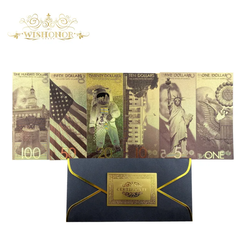 

New 2020 6pcs/lot America Banknotes 1 5 10 20 50 100 Dollar Banknotes in 24k Gold Plated Fake Money Gold Plated Business Gift
