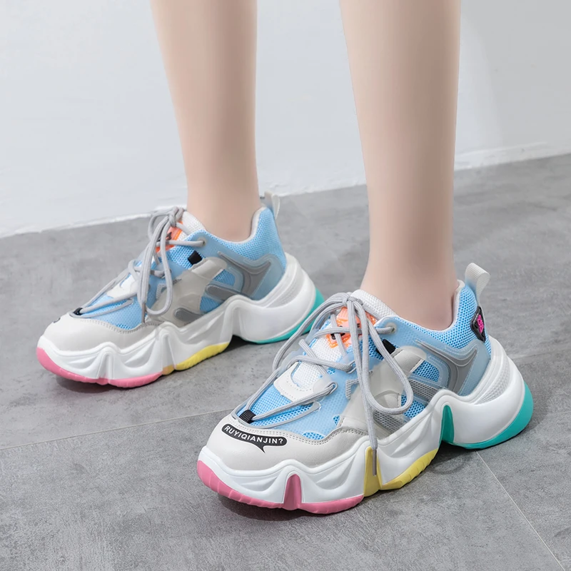 

2020 Hot Summer Women Sneakers Vulcanize Breathable Rainbow Color Fashion Casuals Height Increasing Female Chunky Ladies Shoe
