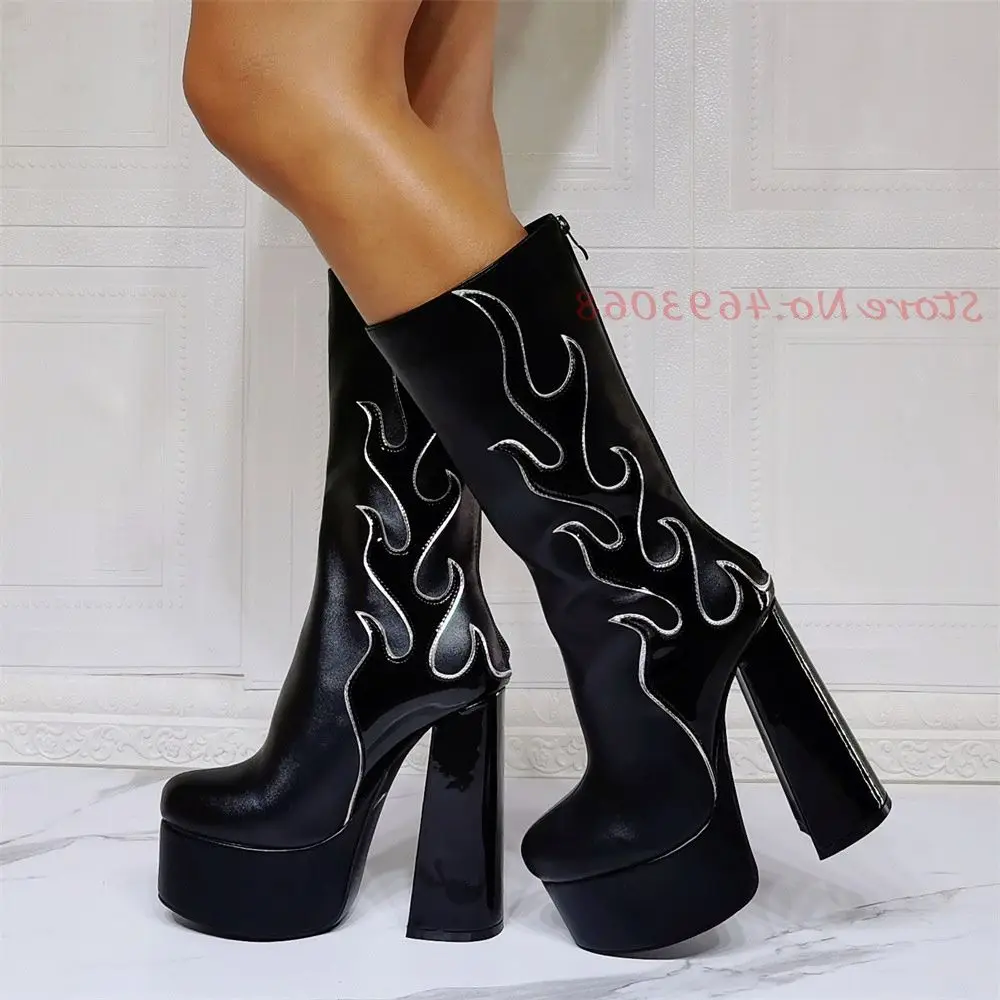 

Black Flame Platform Women Booties High Chunky Heels 2022 Sexy Totem Back Zipper Round Toe Shoes Casual Design For Women