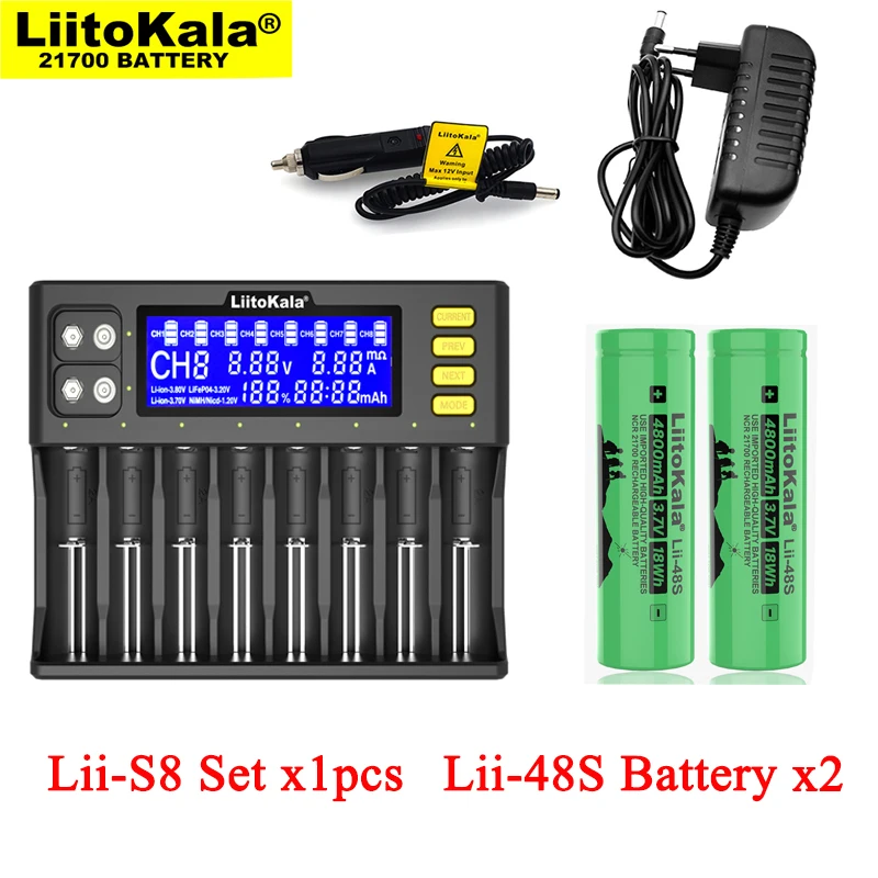 

LiitoKala Lii-S8 Battery Charger for 3.7V 18650 Li-ion 1.2V AA NiMH 3.2V Li-FePO4 + Lii-48S 21700 4800mAh Rechargeable batteries