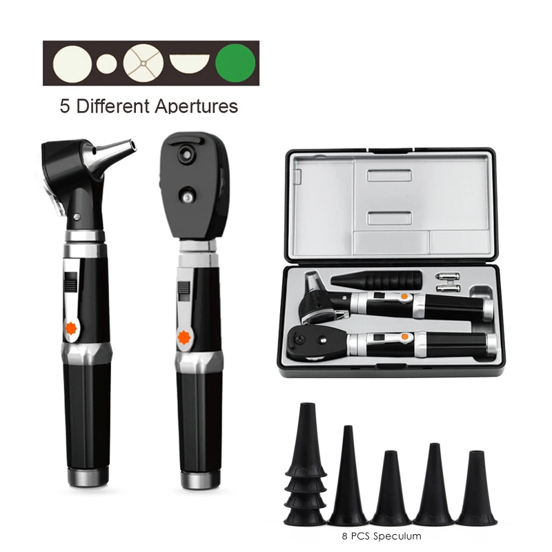 

Professional Deluxe Diagnostic Set Medical Ear Eye Care Endoscope LED Direct Fiber Otoscope Ophthalmoscope Kit with Extra Bulb