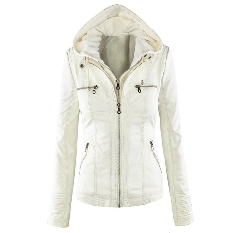 

RICORIT Women Fake Leather Jacket Long-sleeved Hooded Zipper Motorcycle Outerwear Hoodies PU Jacket