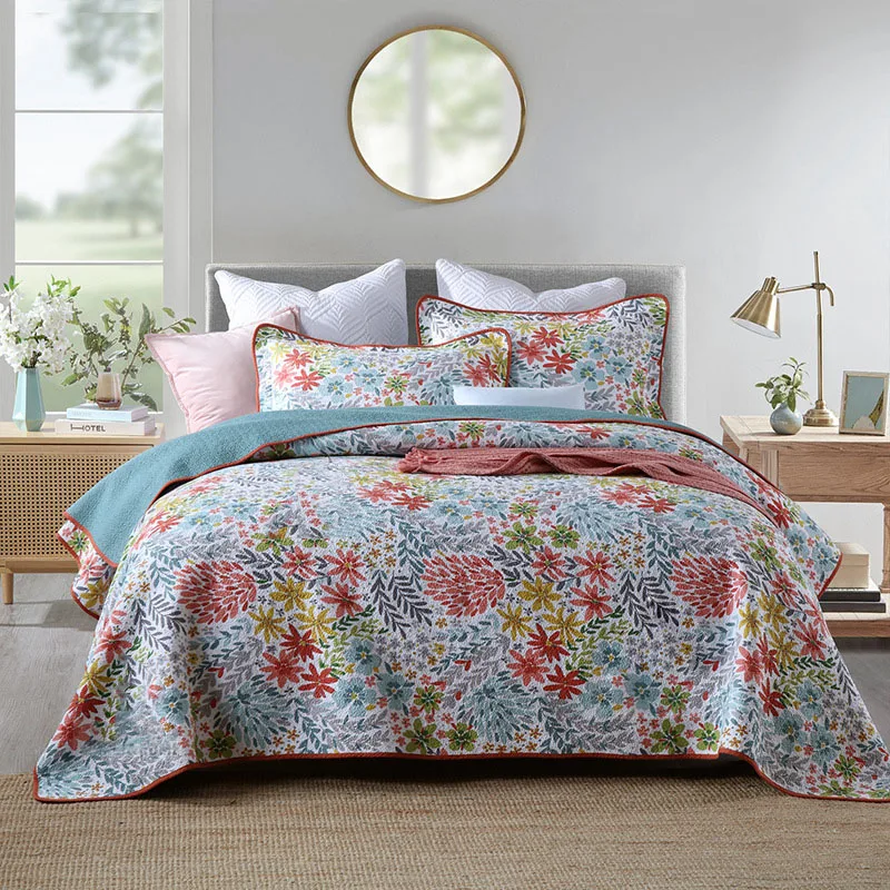 

New Luxury Flowers Quilt Set Cotton Quilts For Bed Quilted Bedspread 3pcs Washed Bed Cover Sheets Coverlet King Size Green Blank