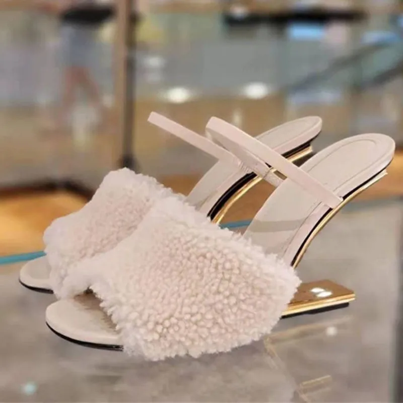 

Luxury High Heel Sandals Summer Genuine Leather Wool Shoes For Woman Strange Heels Peep Toe Slippers Sexy Sandalia Feminina 2022