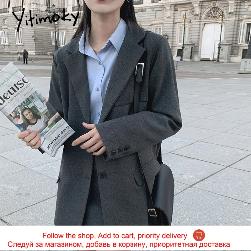

Yitimoky Formal Skirt Suits for Women 2 Piece Set Long Sleeve Pockets Turn-down Collar Spring 2021 Skirts Professional Clothes