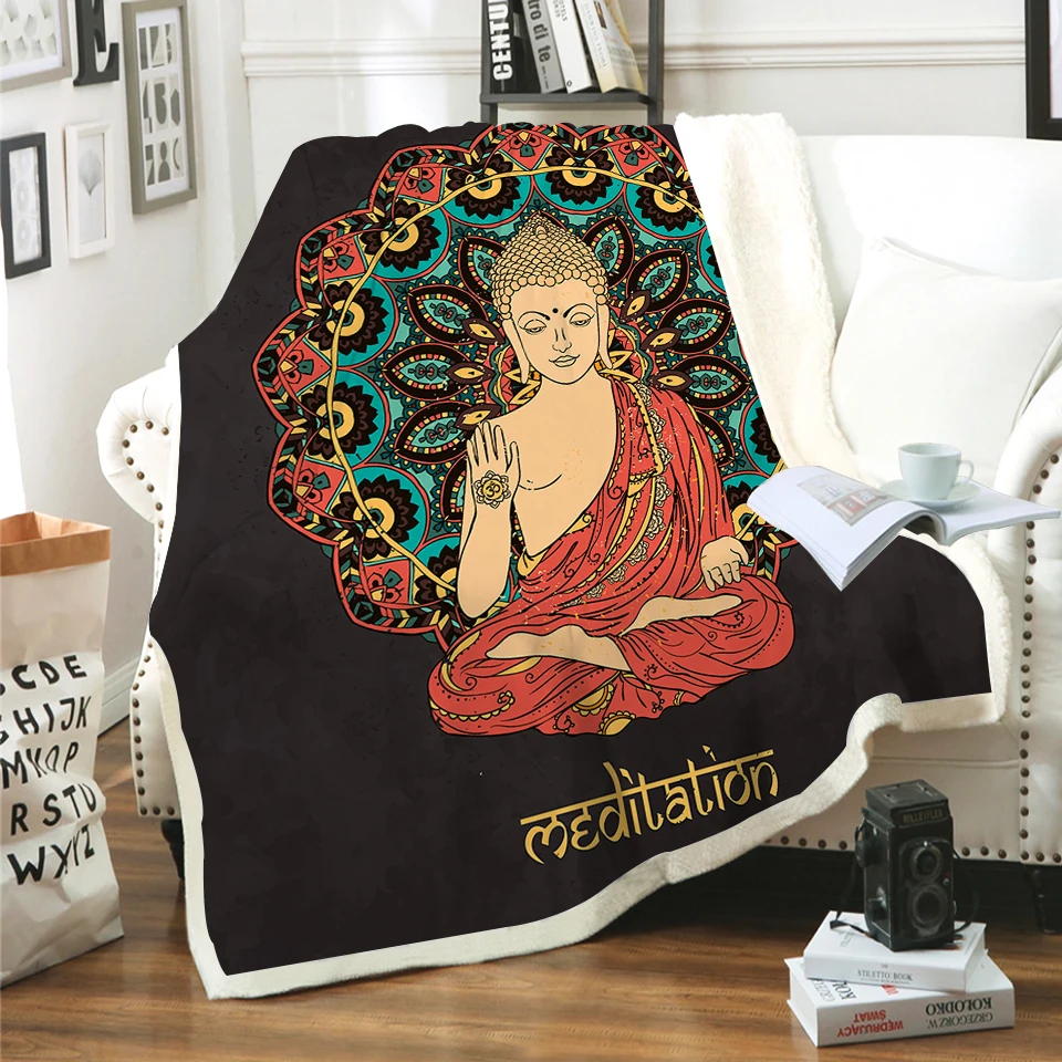 

Fleece Blanket Bedspread On The Bed Thick Rectangle Buddha Blankets Decorative On Sofa Cover