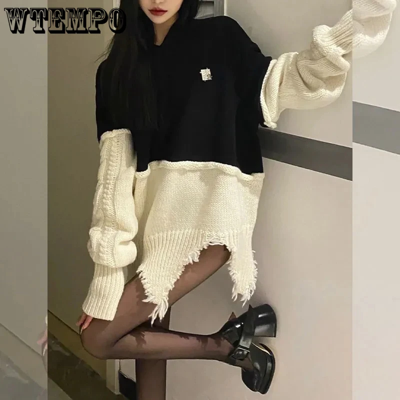 

Свитер с капюшоном, платье черного и белого цветов в стиле пэчворк, модная уличная одежда в стиле Харадзюку, вязаный свитер, джемпер на осень...