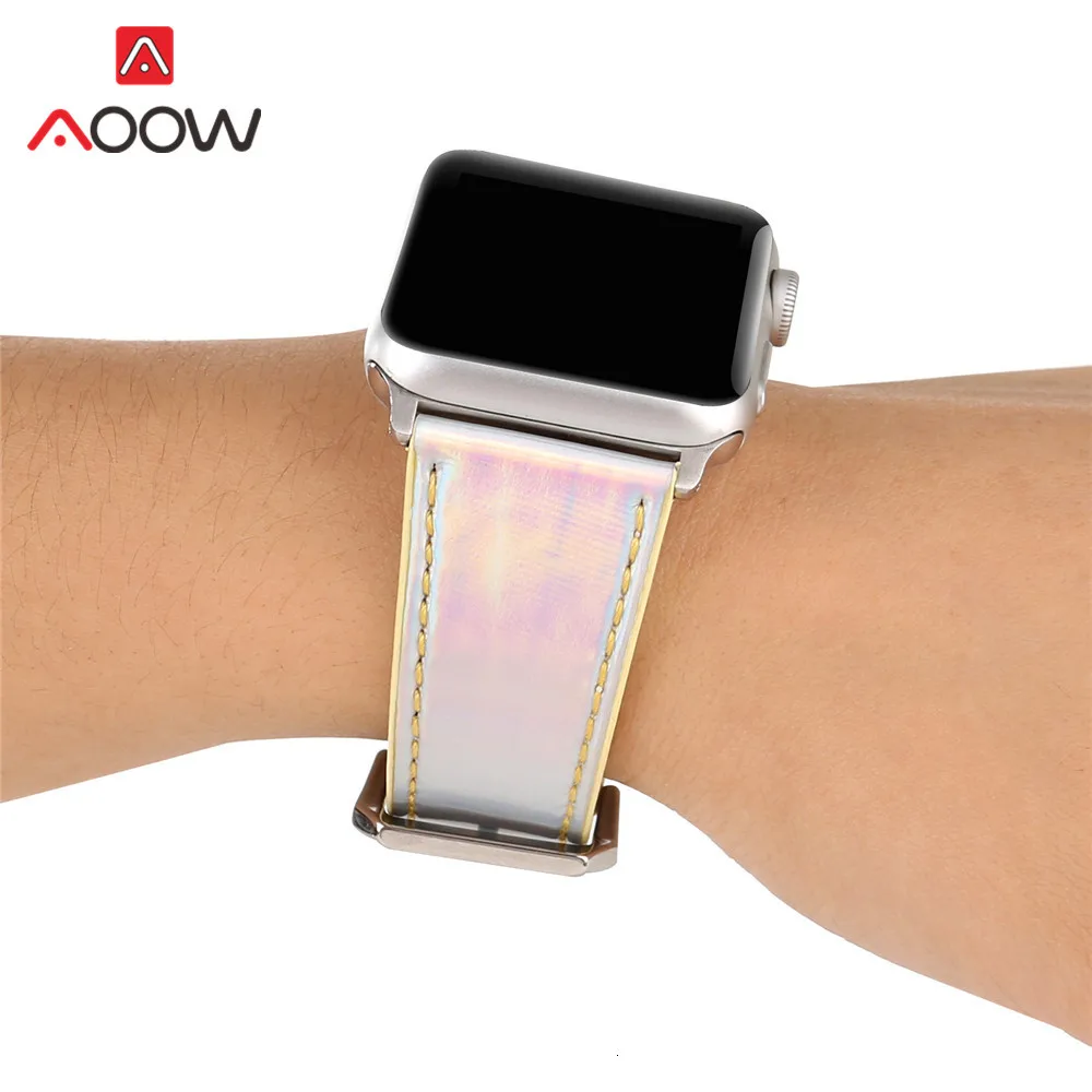 Модный Цветной кожаный ремешок для Apple Watch iwatch 4, 40 мм, 44 мм, 38 мм, 42 мм, лазерный ремешок для мужчин и женщин