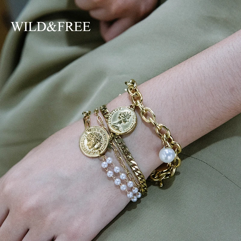 Wild &amp Free в золотом цвете из нержавеющей стали кованые Монета браслет портрет