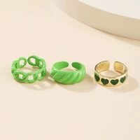 vintage 3 piece set green color hollow chain stripe chunky rings for women ldies alloy enamel love heart rings accessories gifts