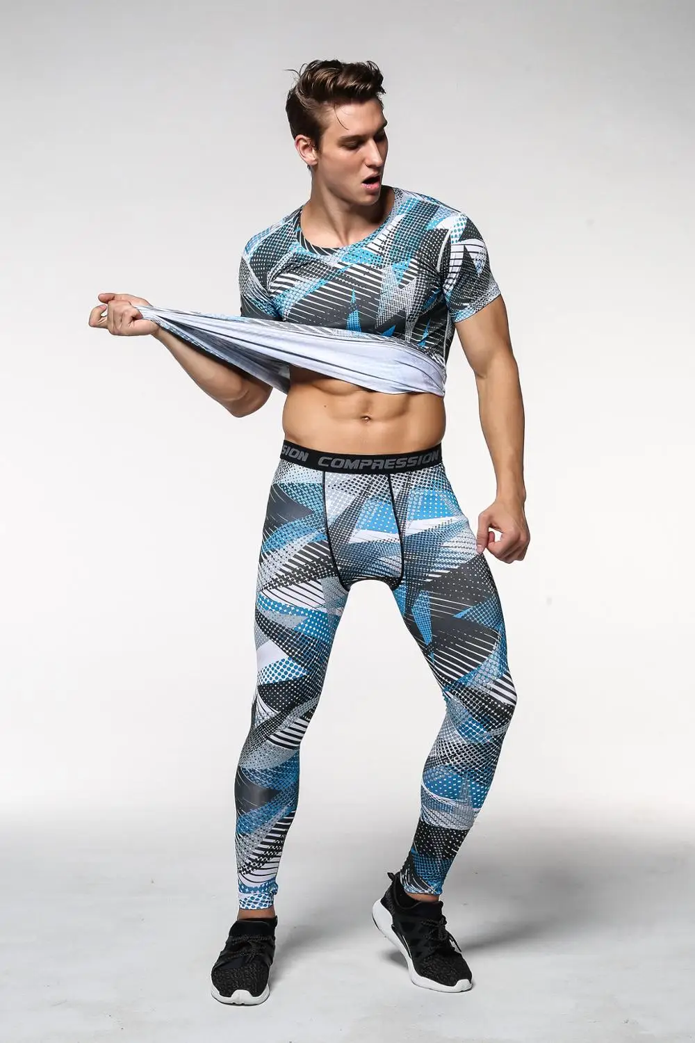Мужской спортивный костюм компрессионный для фитнеса бега футболка с коротким