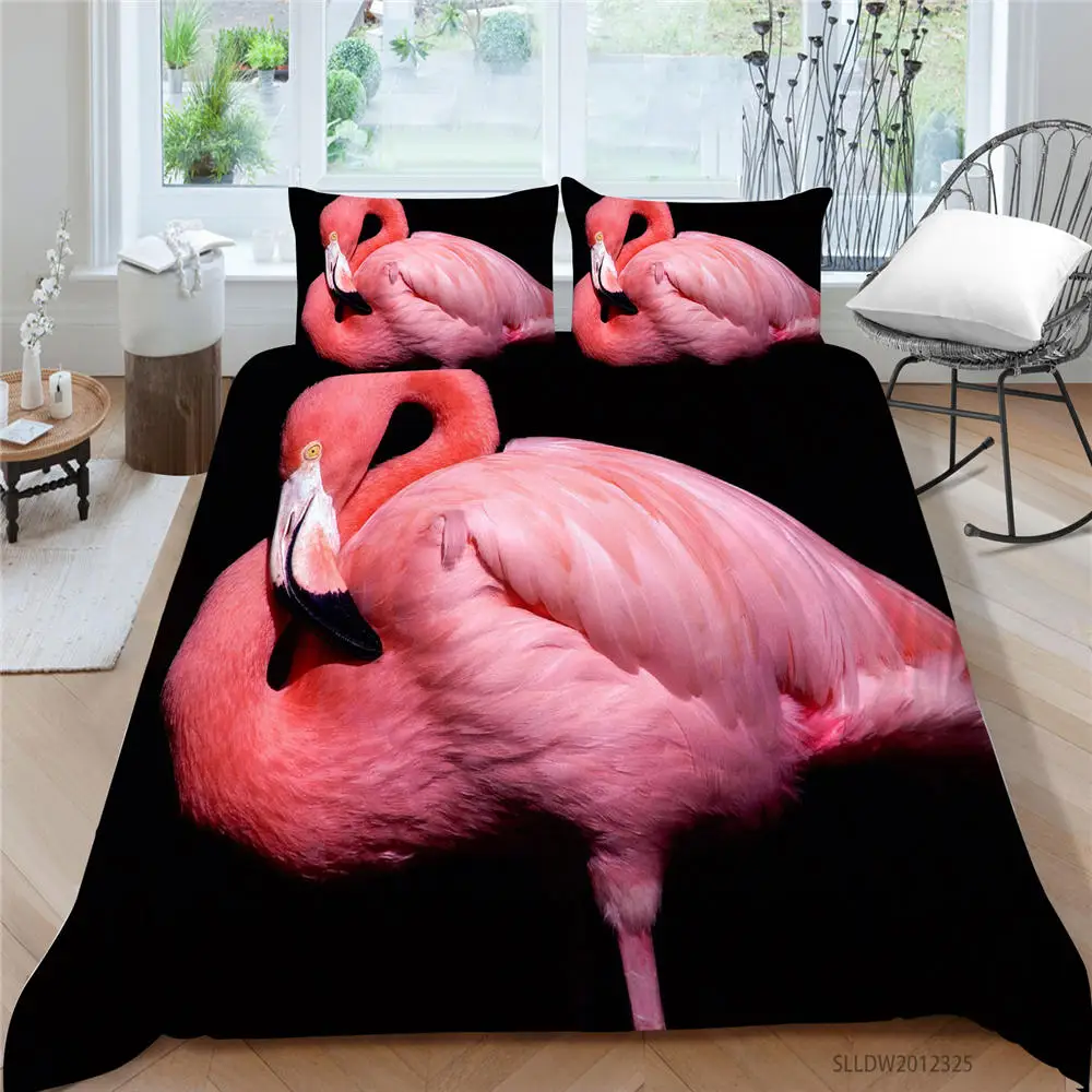 

Flamingo Bed Set Single Simple 3D Romantic Duvet Cover For Girls Queen Full Twin Double King Black Bedding Set Birds Series