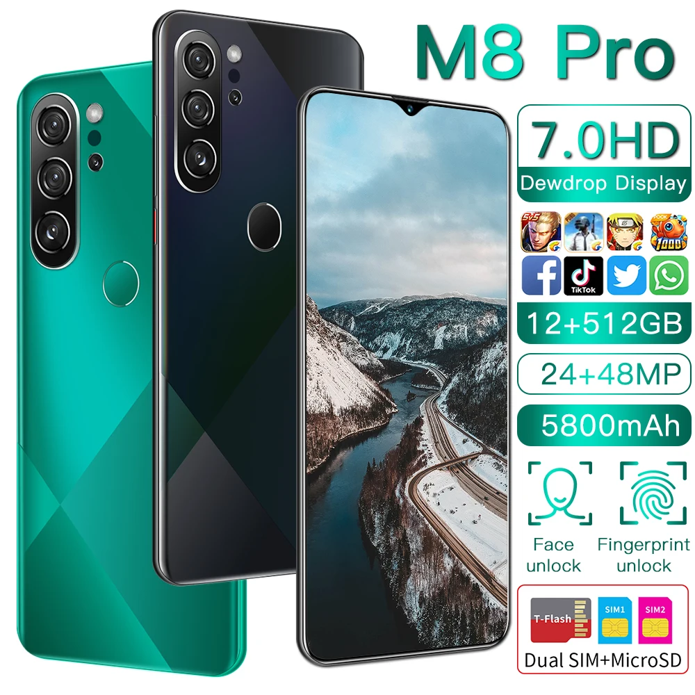 

M8 Pro Universal 5G Smartphones Android 10.0 12GB+512GB MTK-6899 10-Core Mobile Phones 7.0 Inch HD+ 24+48MP Camera Cellphones