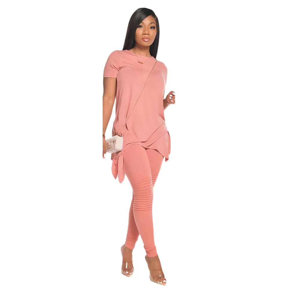 

Cutubly O-Neck Two Piece Set Fashion Autumn Solid Women'S Set Fitness Outfit Bow Hem T-Shirts Pencil Pants Suit Tracksuit