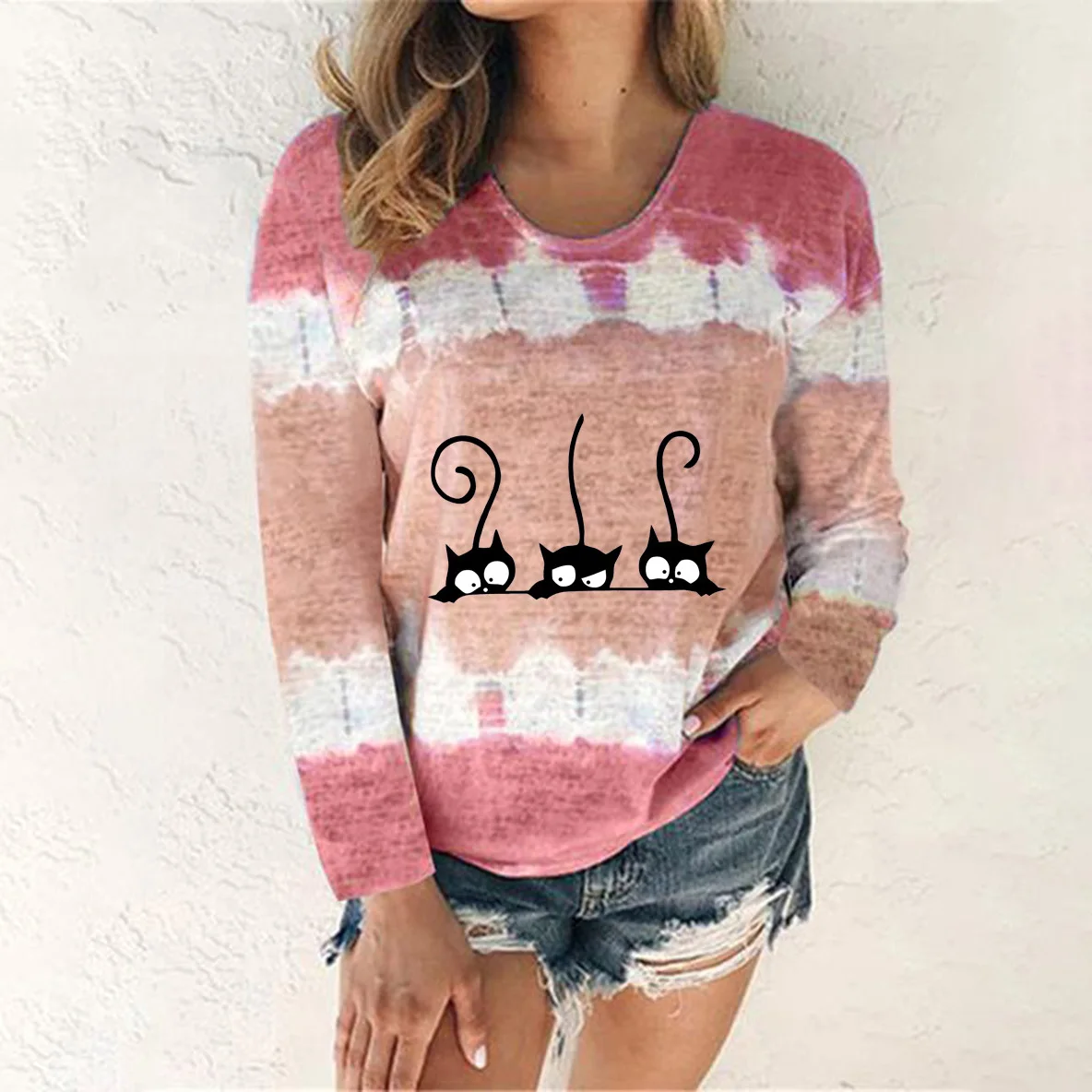 

Cute Cat Print Ladies Plus Size Long Sleeve Tie Dye Patchwork Color Autumn T-Shirt Round Neck Streetwear Women Clothes