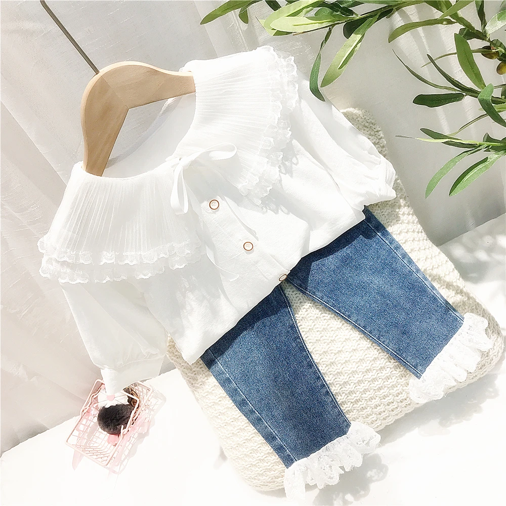

Baby girls outfit New Girls clothing set 2 Pieces Baby Suit Long sleeve Lace shirt+jeans Kids Clothes Girl Suit