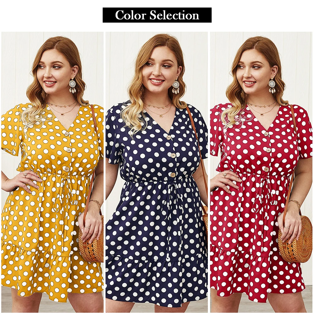 Женское облегающее мини платье в горошек пляжное большого размера с V образным