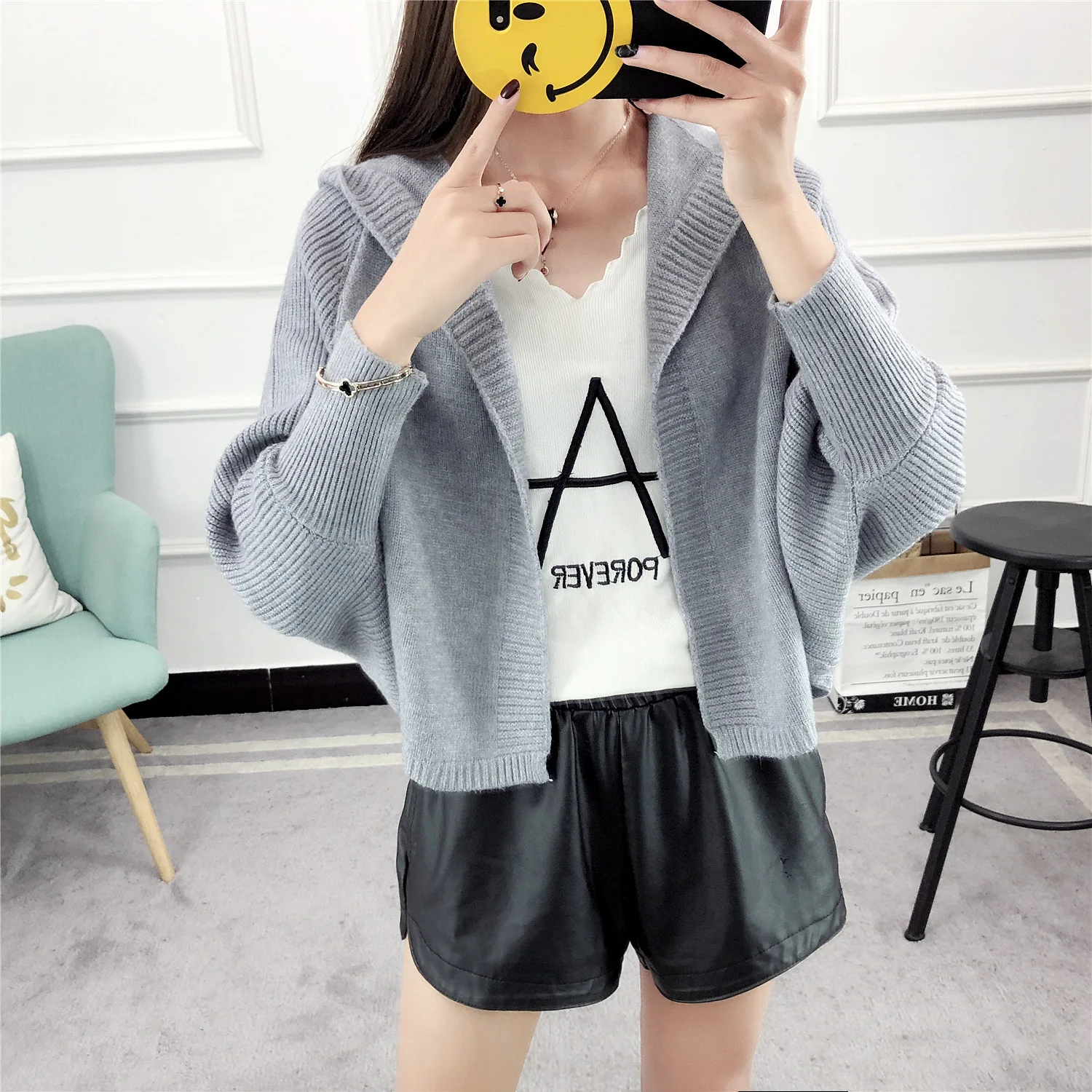 Кардиган свитер для женщин рукав летучая мышь с капюшоном сплошной цвет вязаный