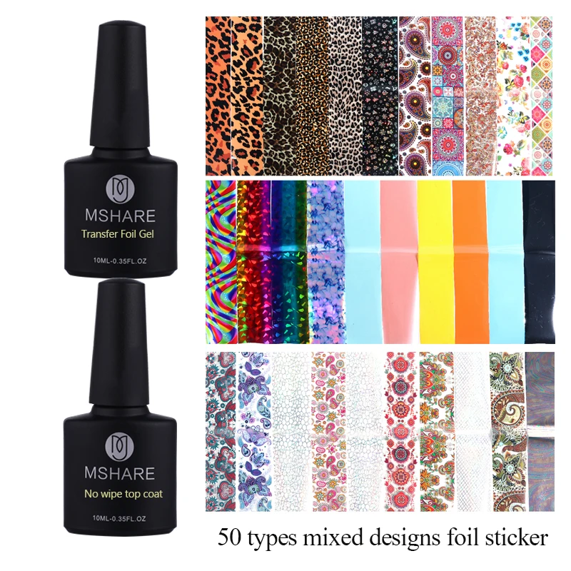 

MSHARE Фольга для ногтей набор гель для переноса + без вытирания верхнее покрытие + 50 шт Фольга наклейки
