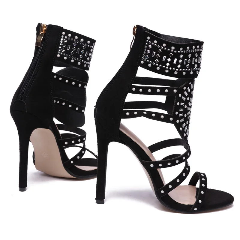 

New Arrivals High Heeled Women's Sandals Summer Thin Heels Peep Toe Back Zipper Sequins Party Shoes Sexy Mature Women's Shoes