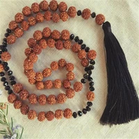 8mm 108 rudraksha section black stone tassels mala necklace chakas yoga wrist lucky unisex cuff diy handmade meditation natural