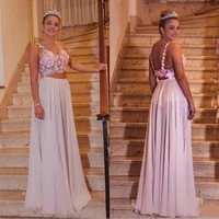 modest pink long prom dresses with spaghetti hand flower a line chiffon sexy illusion special occasion dresses cheap